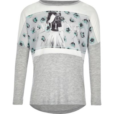 Girls grey graphic floral print top